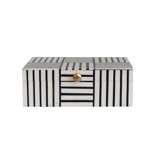 Bloomingville - Caja de almacenamiento de plástico con patrón de bloques a rayas y perilla dorada, blanco y negro