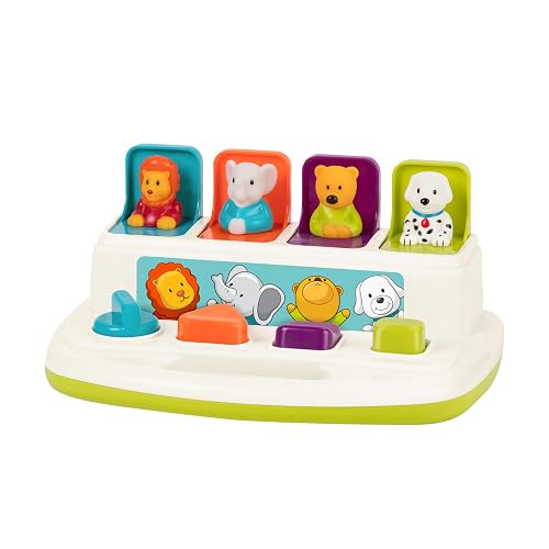 Battat Pop-Up Pals - Juguete Causa-Efecto con Animales | Botones para pulsar, girar, voltear y deslizar; 4 animales desplegables, colores y asa de transporte; 18 meses y +