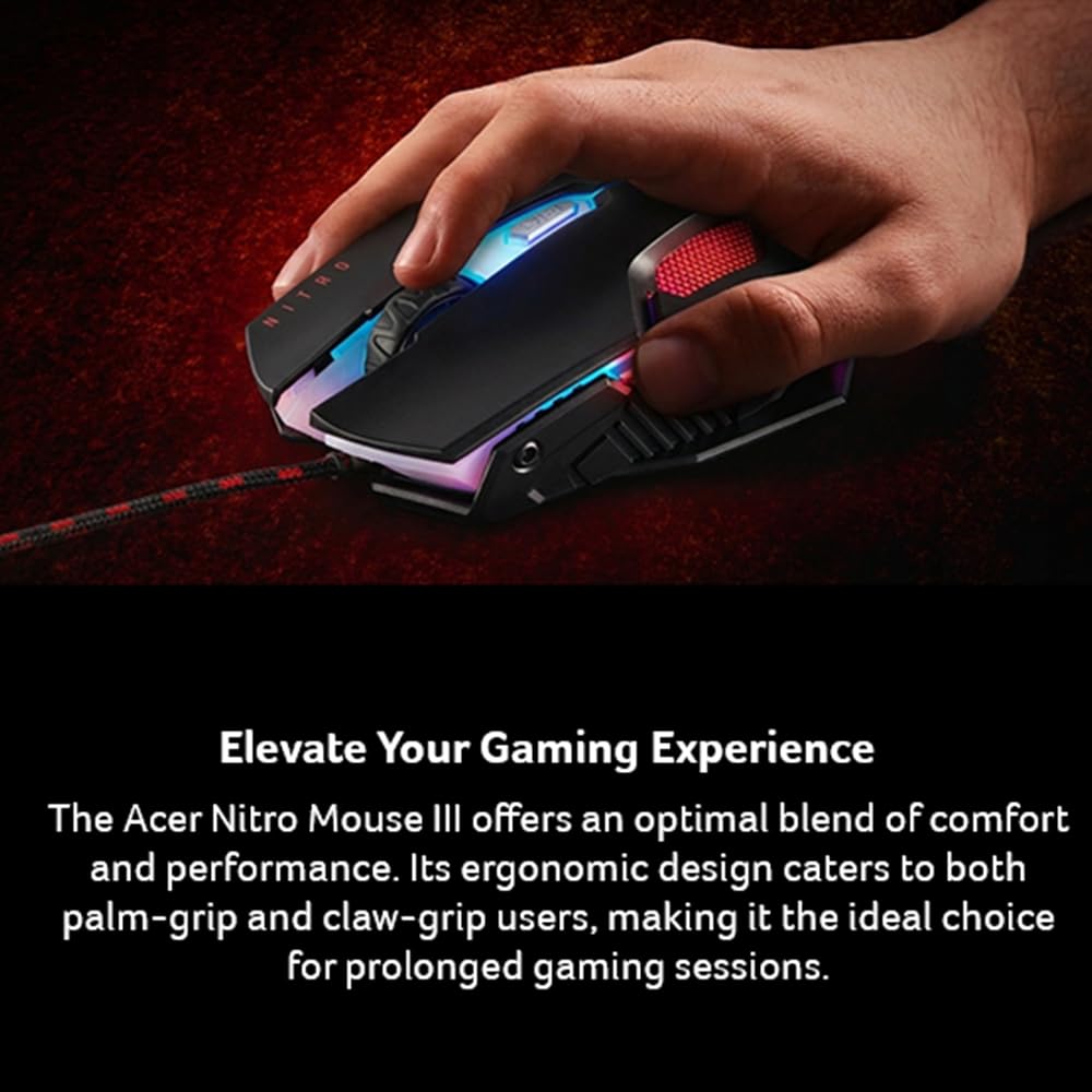 acer Mouse Nitro Gaming | Hasta 7200 dpi, conexión USB, 7 luces RGB