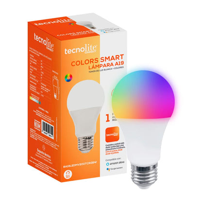 Tecnolite Connect - Pack 1 Foco A19 RGB Inteligente WiFi LED 8 W Base E27, Luz RGB + 1 Bombilla Inteligente Atenuable Compatible con Alexa, Google Assistant, Siri y App Móvil. Iluminación Interior