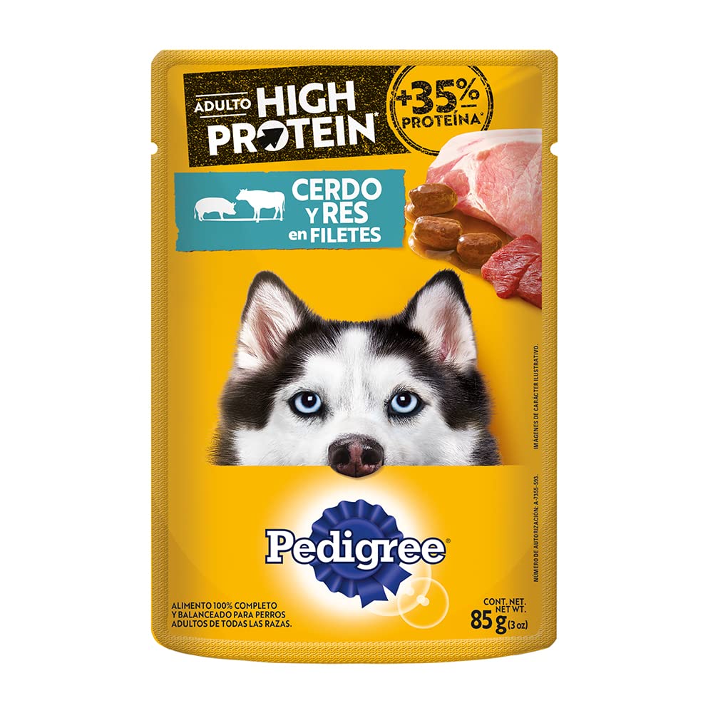 Pedigree - High Protein Alimento para Perro Adulto, 24 Sobres, Sabor Cerdo y Res, 85g c/u, con Proteína, Antioxidantes y Vitamina E
