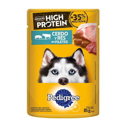 Pedigree - High Protein Alimento para Perro Adulto, 24 Sobres, Sabor Cerdo y Res, 85g c/u, con Proteína, Antioxidantes y Vitamina E