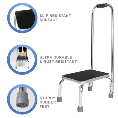 Vaunn Medical Foot Step Stool with Handle and Anti Skid Rubber Platform, Lightweight and Sturdy Chrome Stool for Children, Adults and Seniors