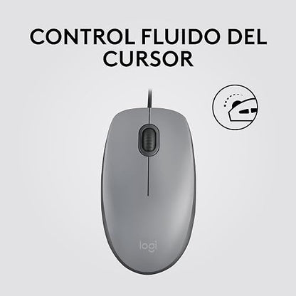 Logitech M110 Silent, Mouse óptico con Cable, Confortable Mouse ambidiestro de tamaño Normal para computadora con Click Discreto para Laptop, Notebook, PC y Mac, conectividad USB-A - Gris