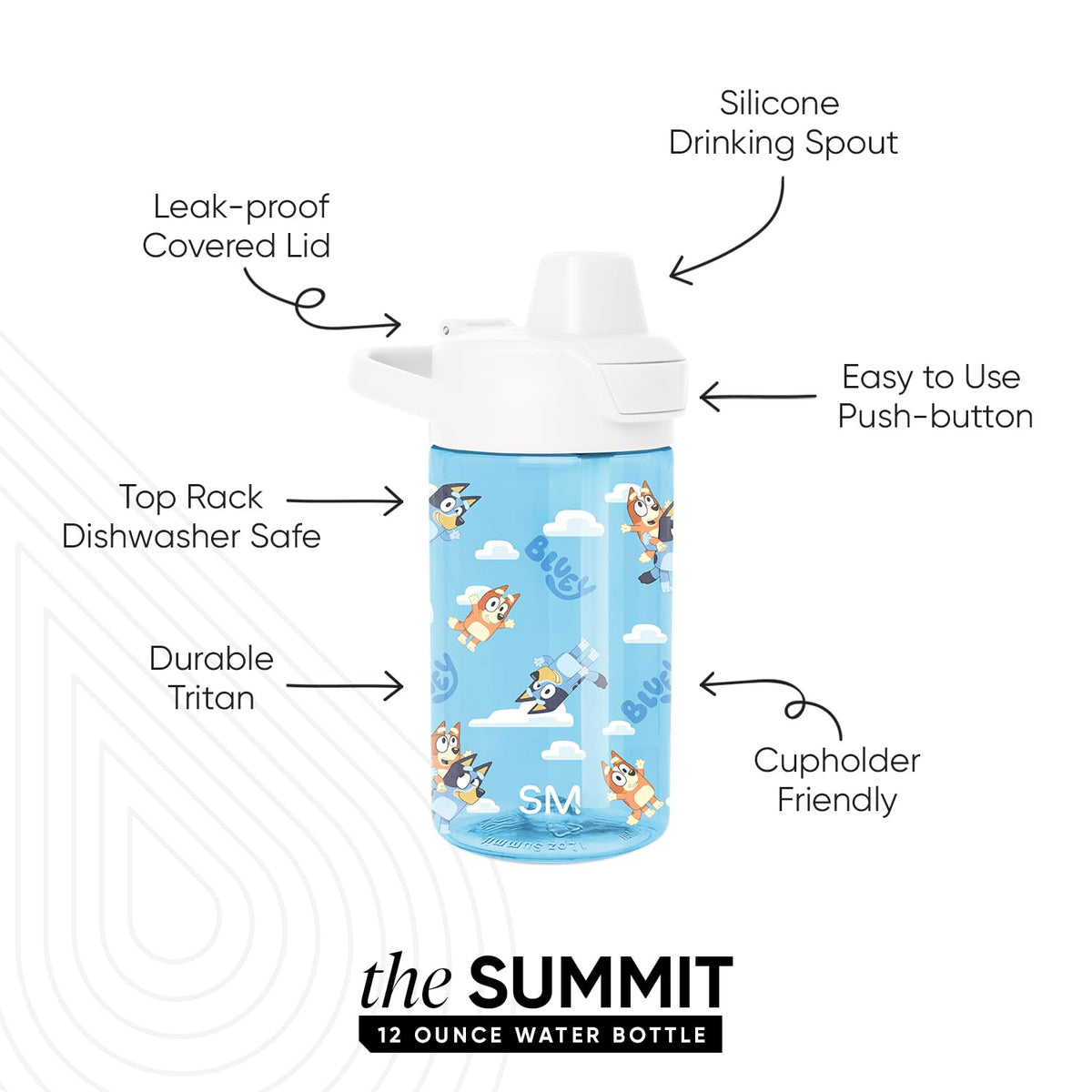 Simple Modern Bluey - Botella de agua para niños, de plástico, sin BPA, con tapa de popote a prueba de fugas, reutilizable y duradera para niños, colección Summit | 12 onzas, cielo