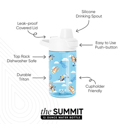 Simple Modern Bluey - Botella de agua para niños, de plástico, sin BPA, con tapa de popote a prueba de fugas, reutilizable y duradera para niños, colección Summit | 12 onzas, cielo