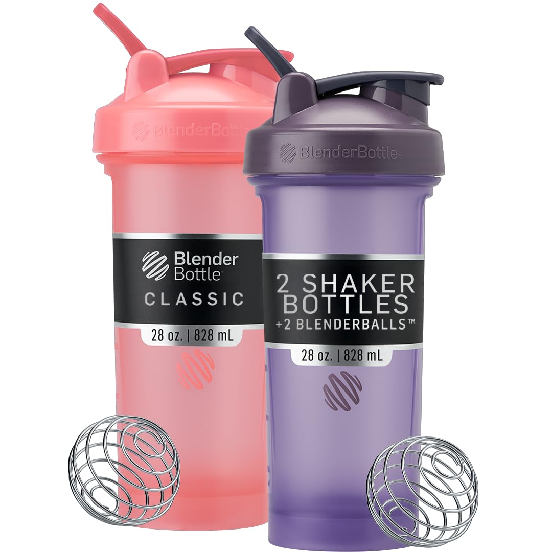 BlenderBottle Classic V2 Botella Mezcladora con BlenderBall, Varios Tamaños y Colores - 28 oz (Pack of 2) - Rosado y morado
