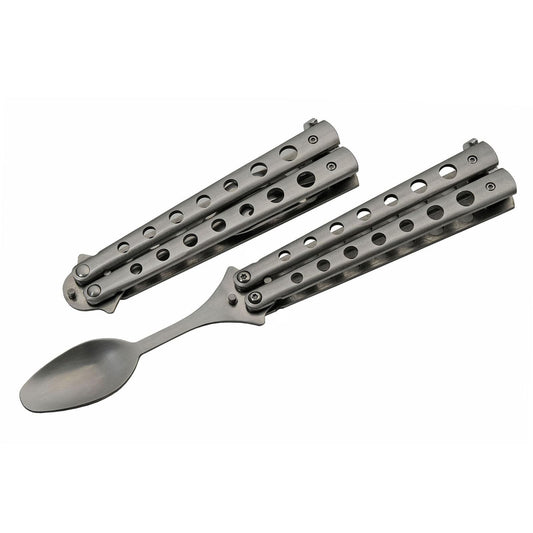 SZCO Cuchara Mariposa Acabado Plateado 9 Pulgadas | Cuchara plegable, acero inoxidable, cuchara de viaje, estilo cuchillo mariposa