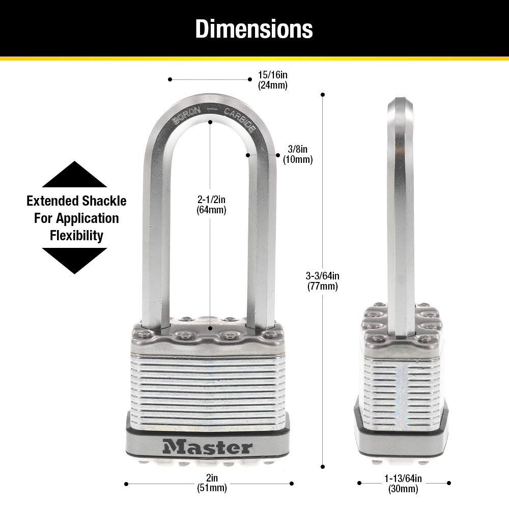 Master Lock M5XKADCCSEN Candado laminado de magnesio 2 Ancho de acero 0.95 cm de diámetro, Juego de grillete de 2.54 cm, Paquete de 1, 2-1/2-Inch Shackle, N/A