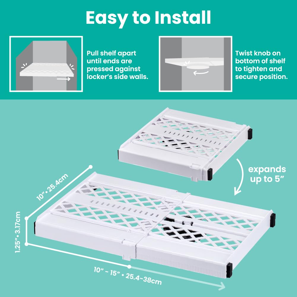 LockerMate Adjust-A-Shelf Locker Shelf, Extends to Fit Your Locker, Easy to Use, Perfect for School, Office, Gym, White