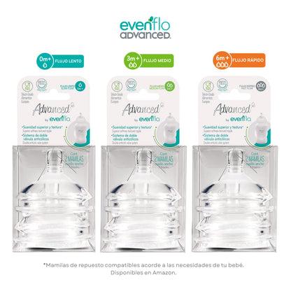 Evenflo Advanced Biberón Anticólicos Avanzado, Cuello Ancho, Rosa y Lila, Silicón Grado Alimenticio, 150ml, Sistema Doble Válvula, Flujo Lento, para Bebés 0-3 Meses, Paquete de 2 Piezas
