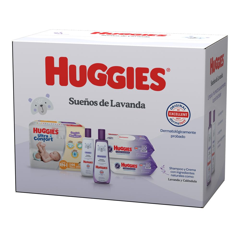 HUGGIES Baby Set Sueños de Lavanda, Caja con 1 Paquete de Huggies UltraConfort RN-1 de 44 pzs, 2 Paquetes Toallitas Húmedas Humectante 80’s, 1 Crema HUGGIES Lavanda 250ml y 1 Shampoo Lavanda 250ml