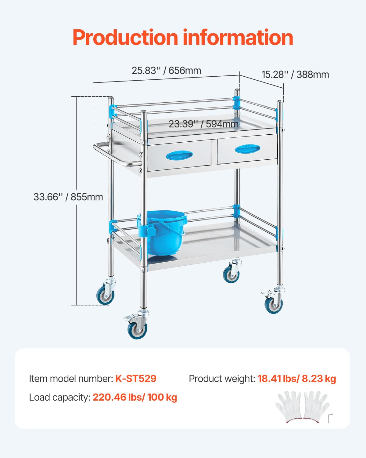 VEVOR Carro de Laboratorio de Acero Inoxidable, Carro Médico 2 Capas 2 Cajones, Carga 100 kg con Ruedas Bloqueables y Cubo, para Laboratorio Salón Hospital, Uso Dental, Plata, 594 x 388 x 855 mm
