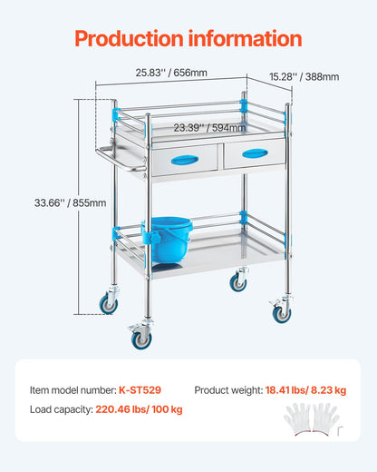VEVOR Carro de Laboratorio de Acero Inoxidable, Carro Médico 2 Capas 2 Cajones, Carga 100 kg con Ruedas Bloqueables y Cubo, para Laboratorio Salón Hospital, Uso Dental, Plata, 594 x 388 x 855 mm