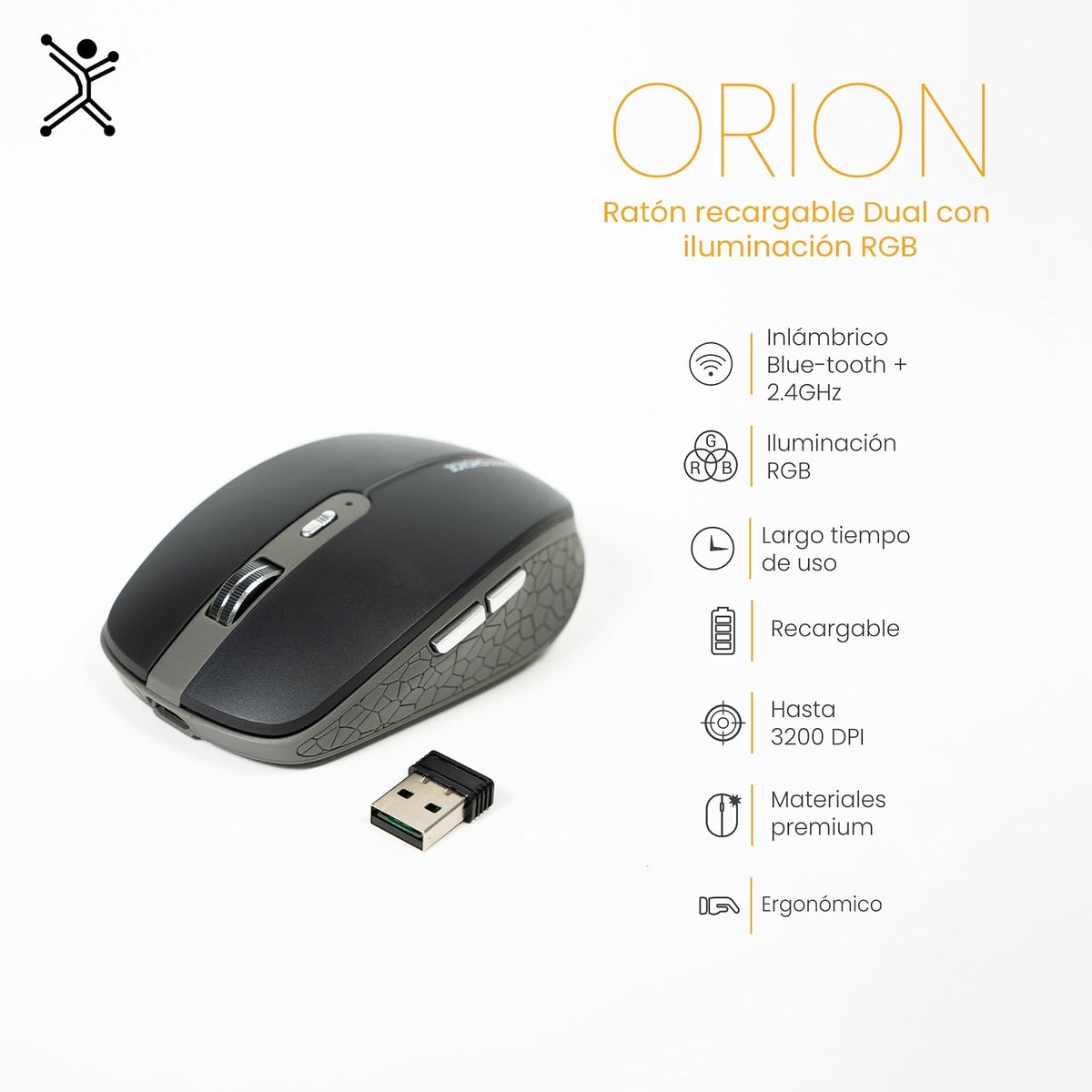 PERFECTCHOICE Mouse Inalámbrico Ergonomico Recargable Iluminación RGB PC-045304 Orion