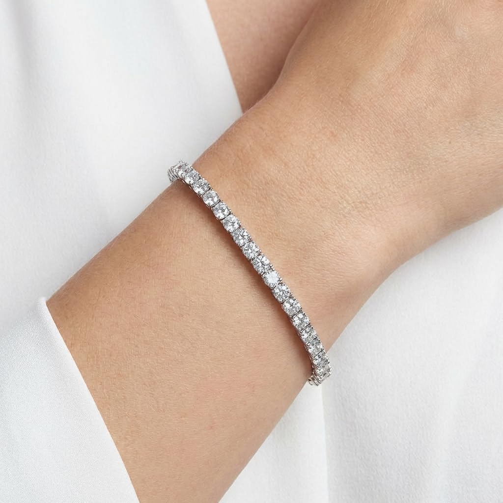 XYPHIELLE Pulsera Tennis de 4mm en Oro Blanco para Mujer y Hombre, Brazalete de Circonias Plateadas, Joyería de Lujo y Moda Urbana 17.8cm