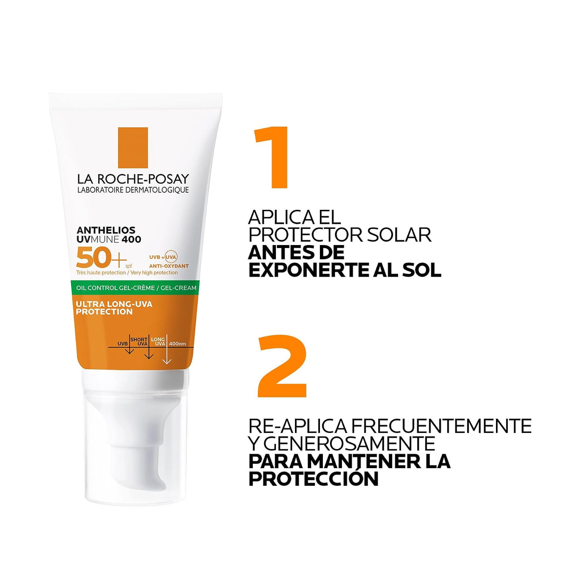 La Roche-Posay Anthelios Oil Control Toque Seco FPS 50+, Protector Solar Facial en Gel-Crema para Piel Grasa y Sensible, Matificante, Anti-Brillo, Sin Color, 50 ml