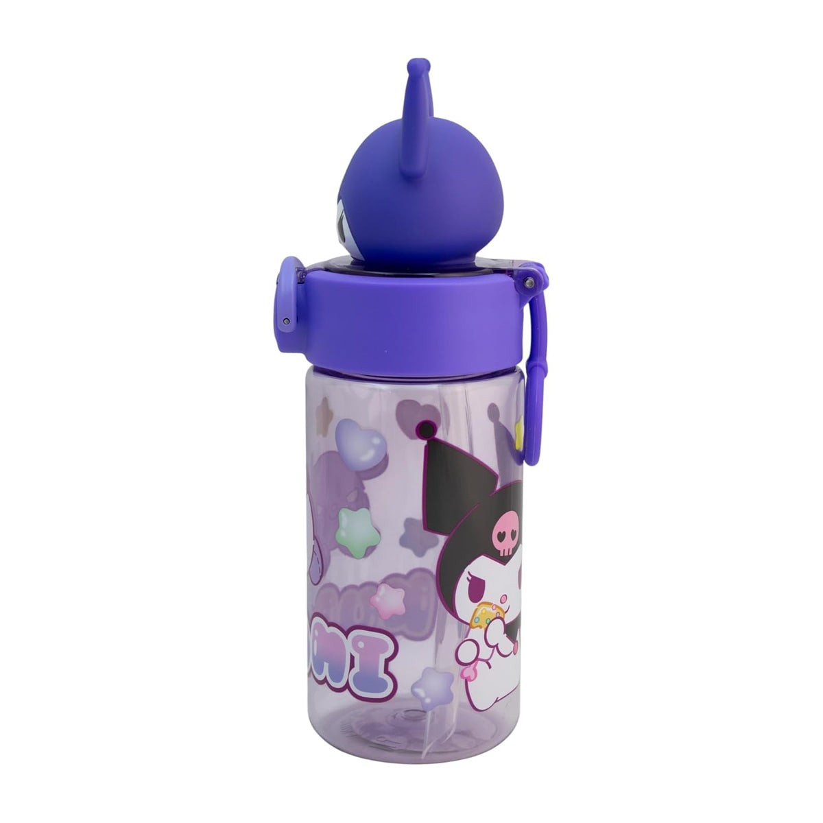 Funkids - Botella de plastico para agua con figura 3D para niña de Kuromi de 500ML, botella escolar con popote.