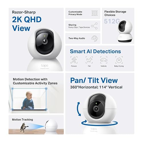Tapo TP-Link TC72, Cámara de Seguridad Interior, 4MP, Detección de Personas/Mascotas/vehículos/llanto de bebés, Funciona con Alexa