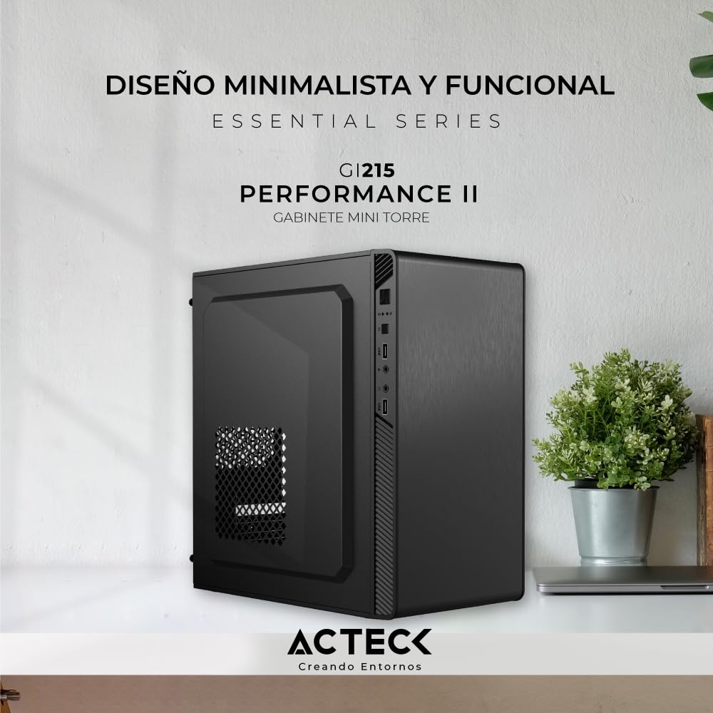 Acteck Gabinete Micro Torre Performance II GI215 / MAX MB M-ATX Fuente ATX Plus 500w / 2xUSB 2.0 / Full Metalico + Frente Solido/Negro