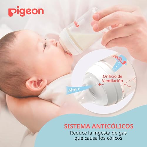 PIGEON SofTouch | Biberón Para Bebés De 3 Meses En Adelante | Simula Lactancia Materna | Tecnología Japonesa | Reduce Cólicos | 240 ml | Color Blanco.
