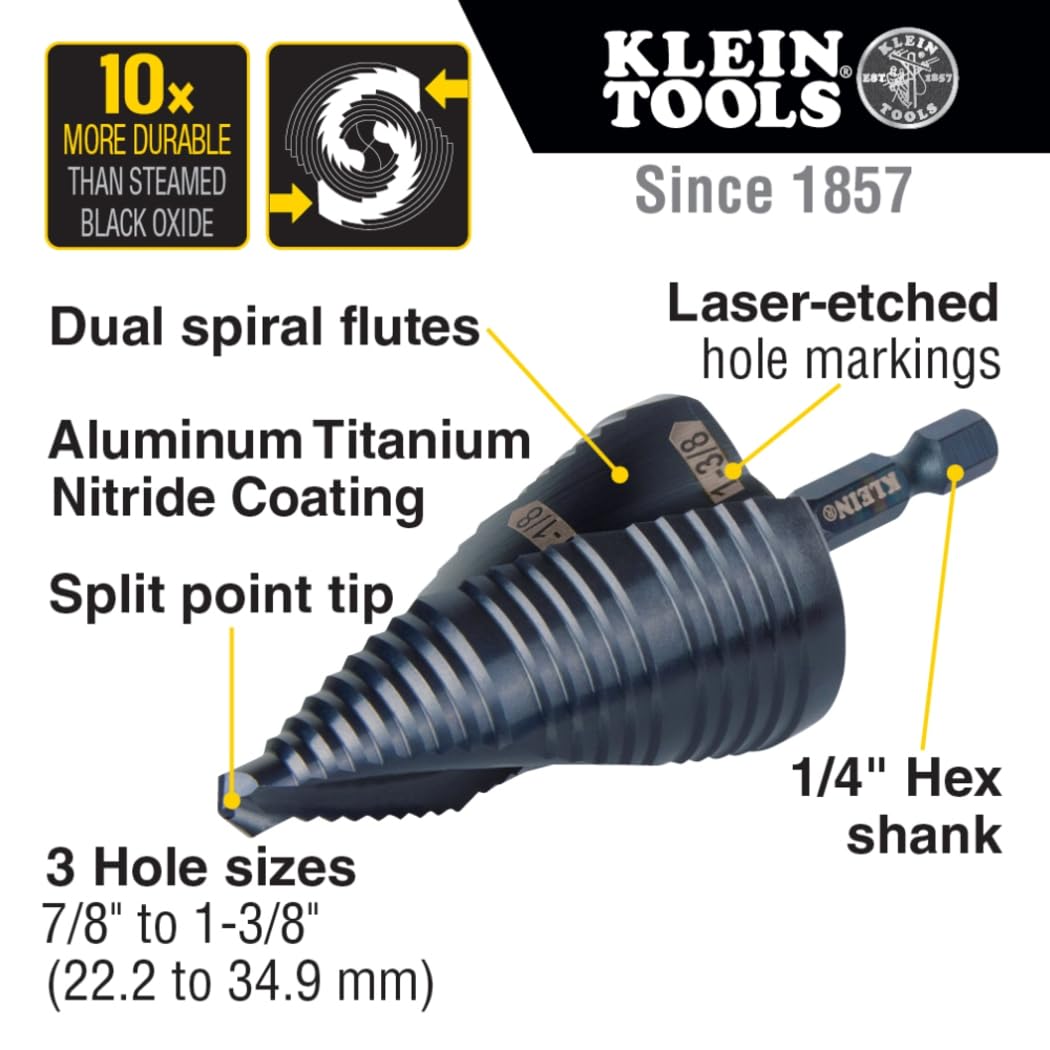 Klein Tools QRST15 Broca escalonada, espiral de liberación rápida, doble fluida, 7/8 a 1-3/8 pulgadas, vástago hexagonal, acero cortado, madera, plástico, aluminio