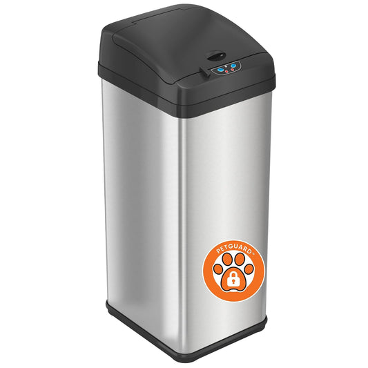iTouchless cubeta de basura con sensor a prueba de mascotas de 13 galones con sistema de filtro de olor AbsorbX, cubeta de basura de cocina de acero inoxidable evita que los perros y gatos entren, batería (no incluida) o adaptador de CA (opcional)