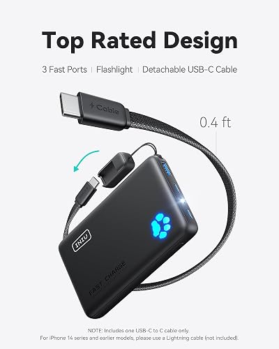 INIU Cargador portátil, Ultra Delgado de 45W de Carga rápida con Cable USB C Adjunto, batería de Banco de Potencia PD de 10000mAh Segura para vuelos, Cargador de teléfono Esencial para Viajes para
