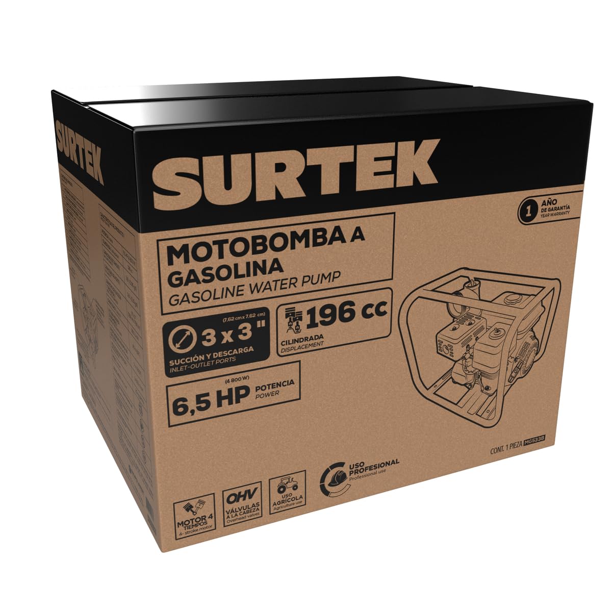 Surtek Motobomba a Gasolina con Di?metro de Succi?n y Descarga de 3x3" | 6.5 Hp Mg533b