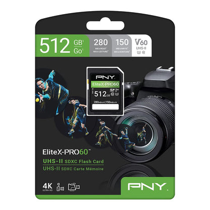 PNY Tarjeta de Memoria EliteX-PRO60 UHS-II SDXC de 512 GB, R280MB/s W150MB/s, U3, V60, 4K UHD, Full HD, UHS-II para fotógrafos Profesionales y Creadores de Contenido, cámaras réflex sin Espejo,