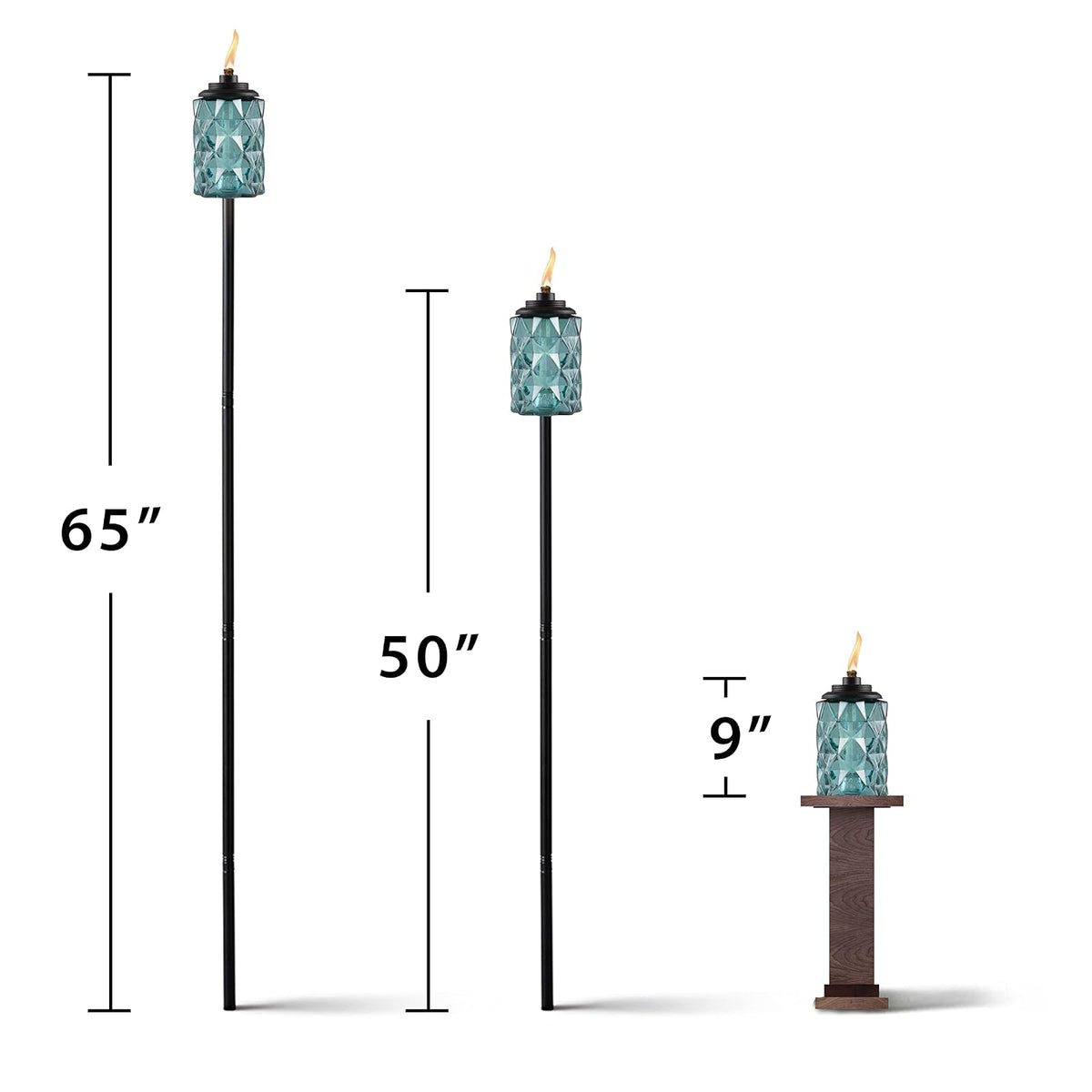 TIKI - Linternas TIKI de vidrio azul topacio - Linternas decorativas para exteriores, 65 pulgadas para patio, patio trasero y jardín, fácil de instalar, resistente a la intemperie, con mecha y