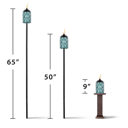 TIKI - Linternas TIKI de vidrio azul topacio - Linternas decorativas para exteriores, 65 pulgadas para patio, patio trasero y jardín, fácil de instalar, resistente a la intemperie, con mecha y