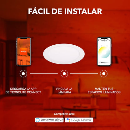Tecnolite Connect Bucaramanga VII - Lámpara de Techo Downlight Inteligente para Interior de Casas Smart, Luz Led de 12 W Atenuable, Control con App Connect para Celular, Compatible con Alexa