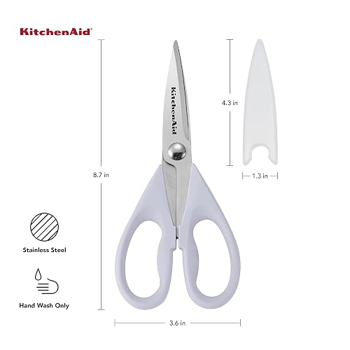 KitchenAid - Tijeras de cocina multiusos con funda protectora, tijeras duraderas de acero inoxidable, aptas para lavaplatos, mango cómodo de agarre suave, 8.72 pulgadas, color crema lavanda