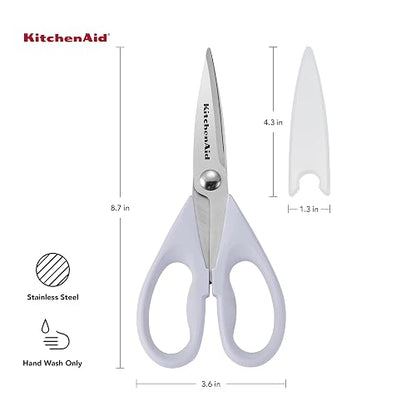 KitchenAid - Tijeras de cocina multiusos con funda protectora, tijeras duraderas de acero inoxidable, aptas para lavaplatos, mango cómodo de agarre suave, 8.72 pulgadas, color crema lavanda