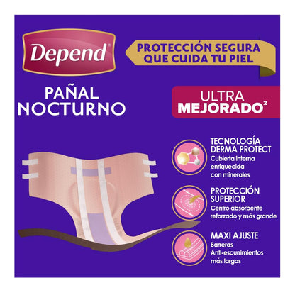 Depend Pañal Nocturno para Incontinencia, Talla Mediana, Unisex, Caja con 6 Paquetes de 10 Piezas (60 pañales), ideal para descargas abundantes