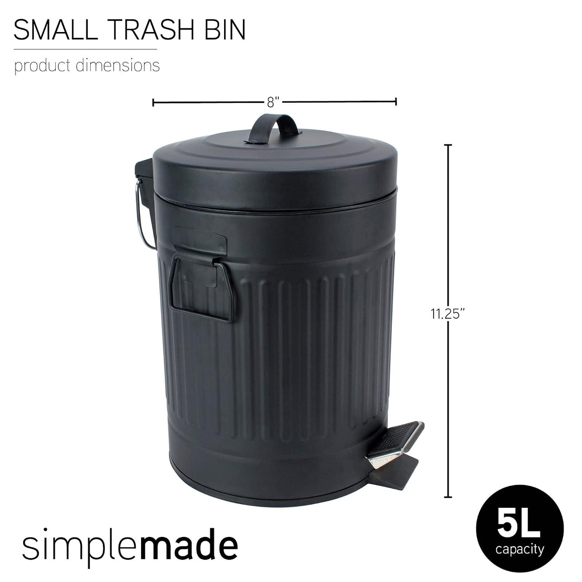 SIMPLEMADE - Bote de basura redondo de acero inoxidable con tapa, pequeño cubeta de basura de metal/cubeta de basura para baño, oficina, negro, 5 litros / 1.3 galones
