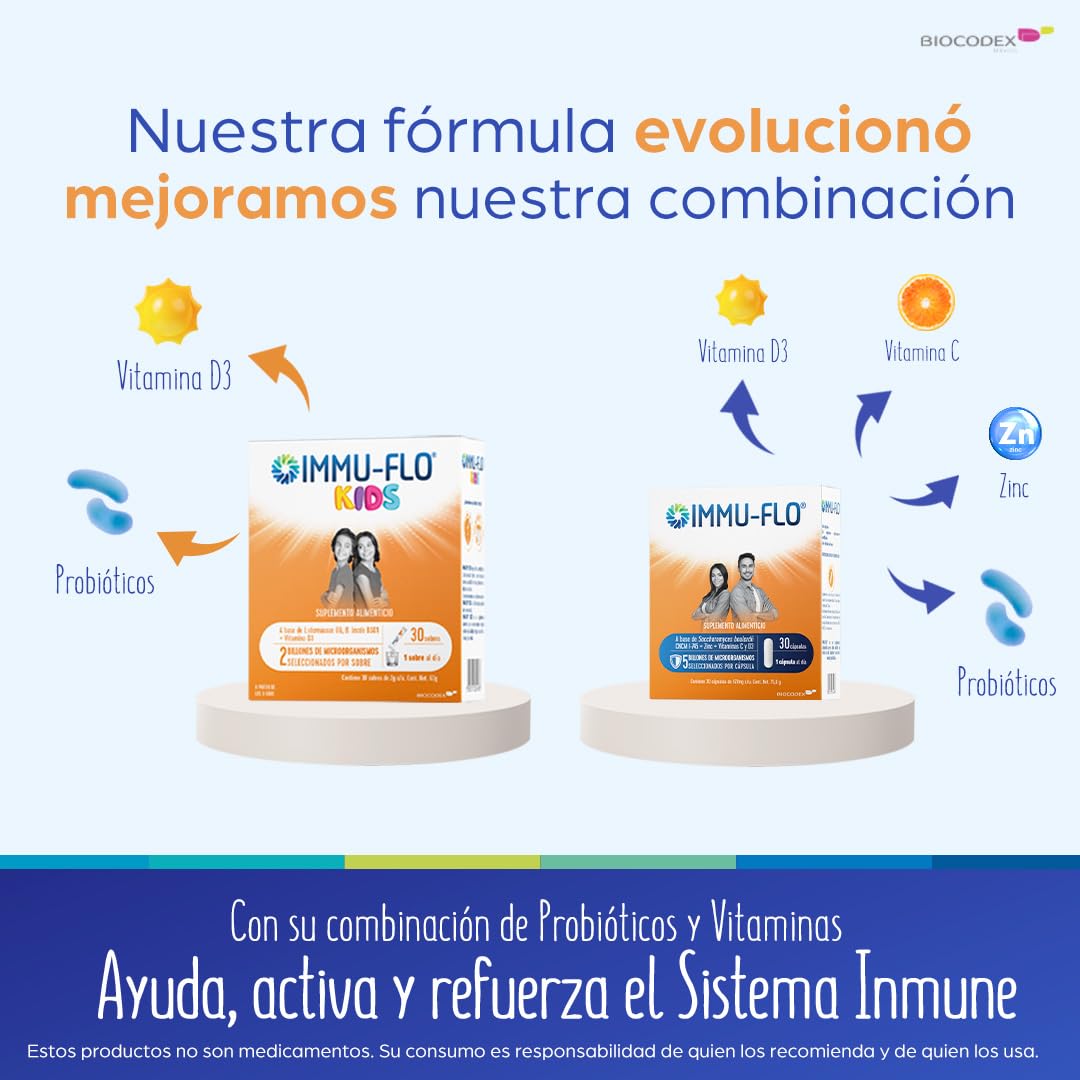 IMMU-FLO® KIDS Suplemento Alimenticio a base de L. rhamnosus GG, B. lactis BS01 + Vitamina D3 regulador del sistema inmune y ayuda a previenir alergias