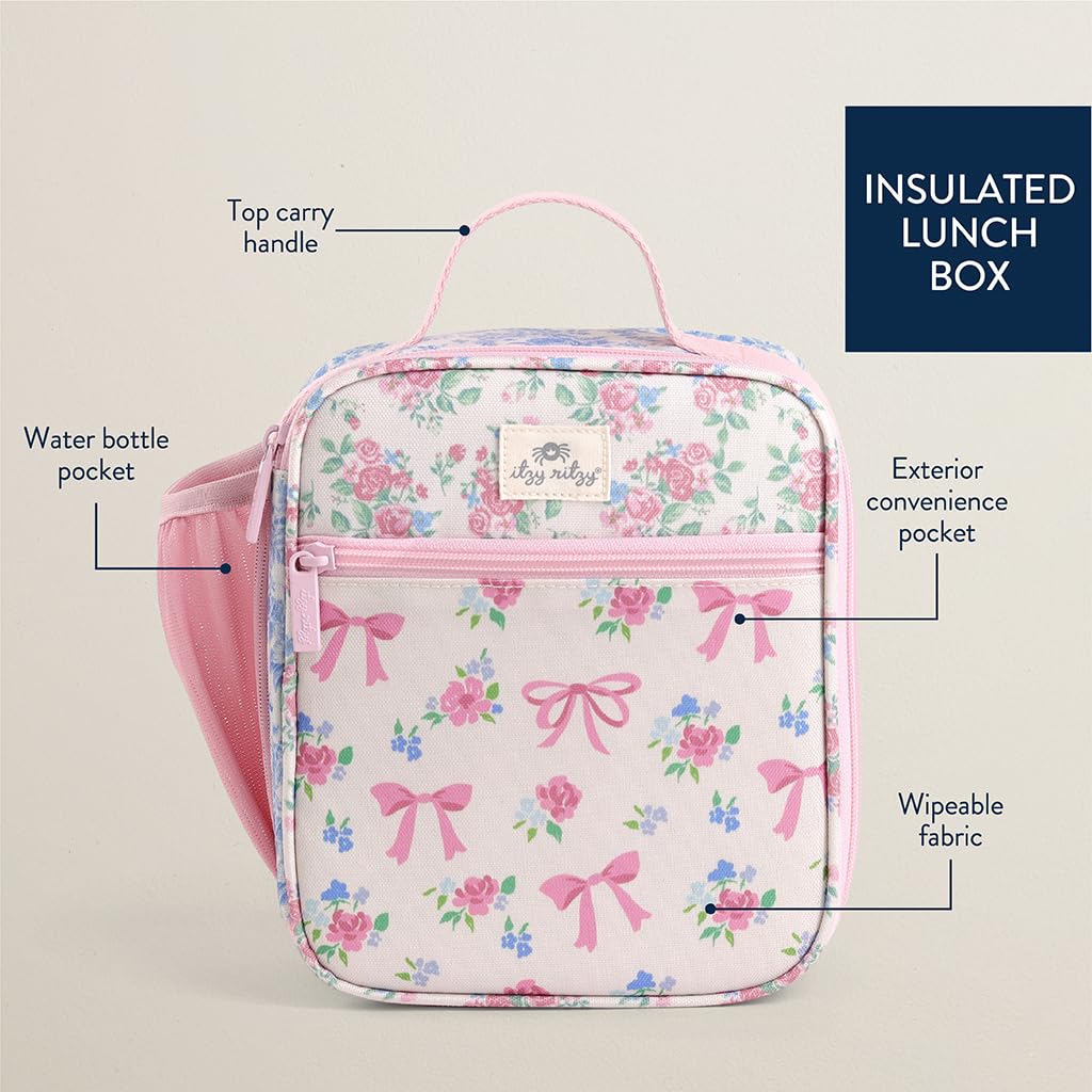 Itzy Ritzy - Fiambrera para niños pequeños - La lonchera para niños está aislada e incluye soporte para botellas de agua más 2 bolsillos, duradera y fácil de limpiar (cintas y rosas)