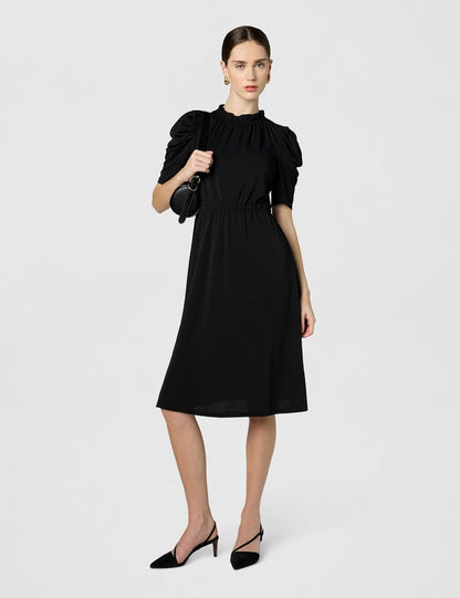 Adrianna Papell Vestido Midi de Punto sólido con Cuello y Volantes y Manga Plisada Vestido Informal Mujer
