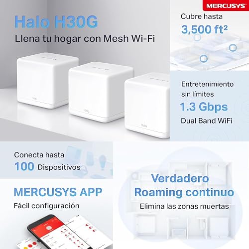 MERCUSYS Halo Mesh, Sistema WiFi Mesh para tu hogar, Doble Banda AC1200, 10/100Mbps Puertos, Cobertura de hasta 3,500 Pies Cuadrados y Más de 100 Dispositivos. Halo H30(3-Pack)