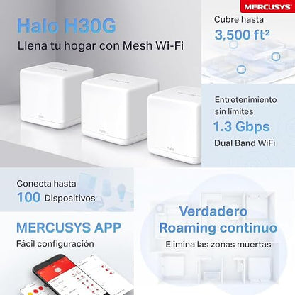 MERCUSYS Halo Mesh, Sistema WiFi Mesh para tu hogar, Doble Banda AC1200, 10/100Mbps Puertos, Cobertura de hasta 3,500 Pies Cuadrados y Más de 100 Dispositivos. Halo H30(3-Pack)