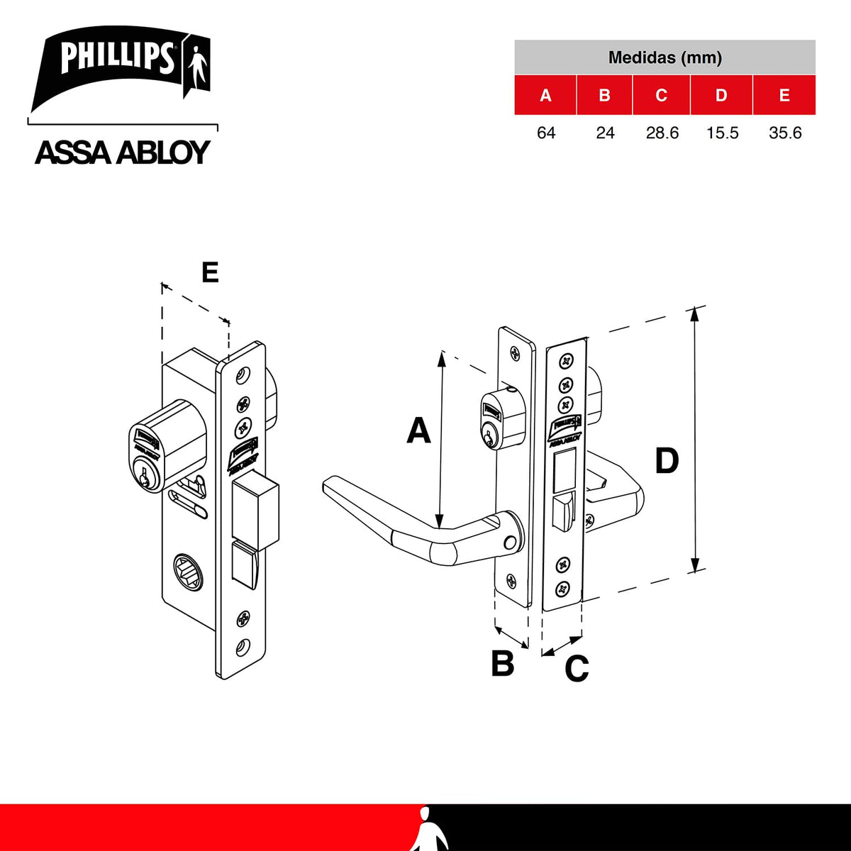 Phillips Cerradura Modelo Slim 549 Manija Delgada Para Puerta De Aluminio Blanco