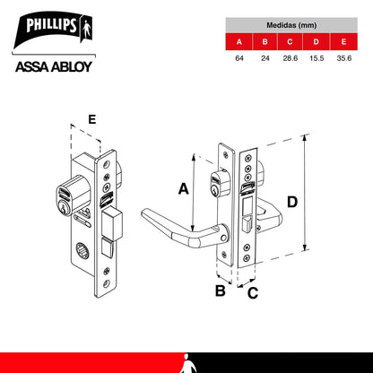 Phillips Cerradura Modelo Slim 549 Manija Delgada Para Puerta De Aluminio Blanco