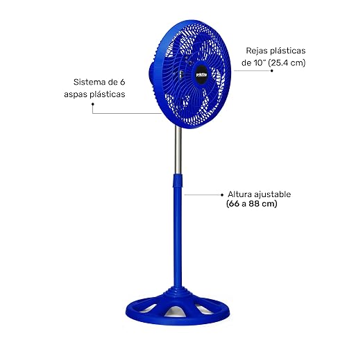 PRACTIKA 10-SF | Ventilador de Pedestal 10” Azul | 3 Velocidades | Altura Ajustable (66 a 88 cm) | Compacto y fácil armado | Ideal para Espacios Pequeños | 65W