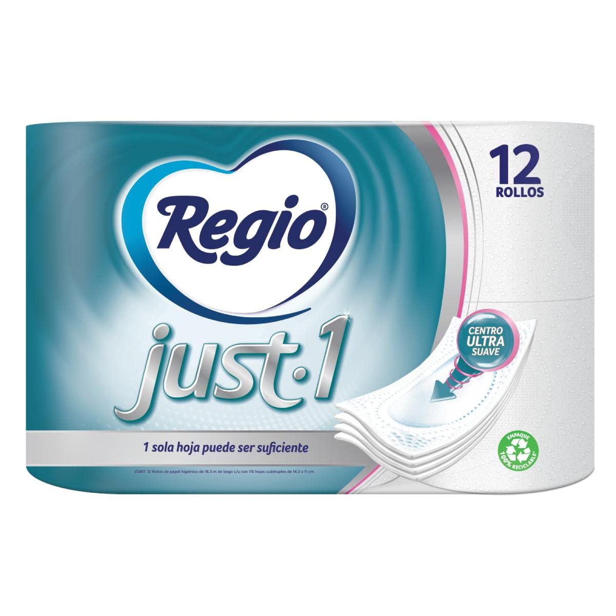Papel Higiénico Just 1; Con Hojas Cuádruples 50% Mas Gruesas, Centro Suave; Marca Regio; 12 Rollos + Toallas Para Manos 1 Paquete 160 Hojas, color, 160 Cuenta, pack of/paquete de