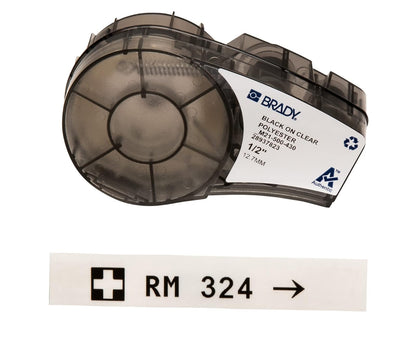 Brady M21-500-430 Etiqueta para las Impresoras Bmp21, Id Pal y Labpal, Poliéster Transparente B-430, 21' Longitud 0.5" Ancho, color negro/transparente