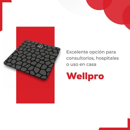 Wellpro báscula Digital de vidrio,Superficie Antideslizante, Pantalla LCD, sensor de Alta Precisión, encendido y apagado Automático, diseño moderno