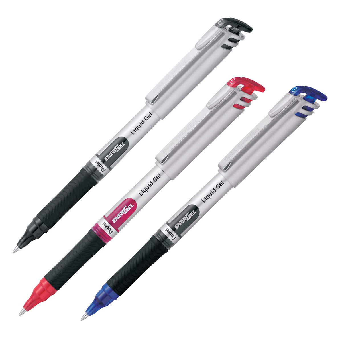 Pentel EnerGel Bolígrafo de Gel Líquido, Punto Fino, 0.7 mm, Cuerpo Plateado, Tinta Negra, Roja y Azul, Paquete con 3 Piezas, BL17BP3-M