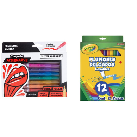 8 Plumones Glitter Alternative Crayola + 12 Plumones Delgados Lavables